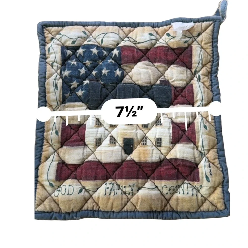 Primitive Americana God Family Country Potholder Quilted American Flag House